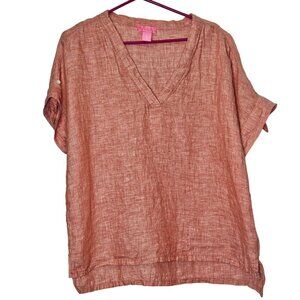 Isaac Mizrahi Linen V-Neck Top Roll Tab Sleeve Lagenlook Boxy Coral Natural L‎